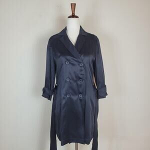 Kenneth Cole Trench Coat Women XS Black Silk Belted Double Breasted Lined Jacket